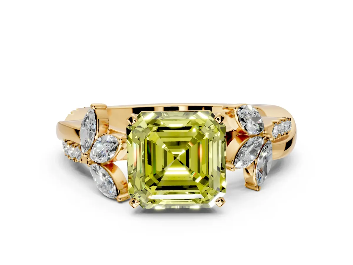 Floral Engagement Ring Setting for Fancy Yellow Asscher Cut Center with Trailing Marquise Accents and Prong Head in Yellow Gold