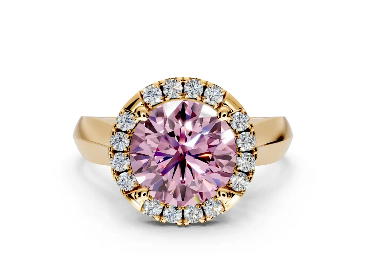 Halo Engagement Ring Setting for Fancy Pink Round Cut Center with Square Band and Prong Head in Yellow Gold