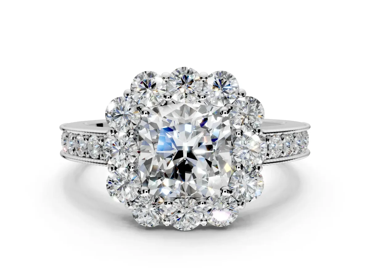 Halo Engagement Ring Setting for Cushion Cut Center with Milgrain Channel Band and Prong Head in Sterling Silver
