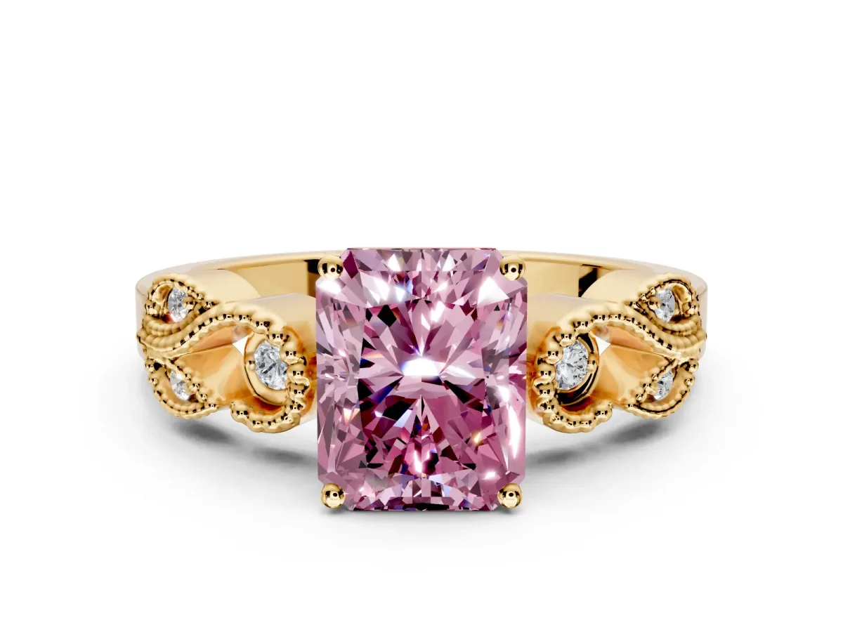 Leaf Engagement Ring Setting for Fancy Pink Princess Cut Center with Milgrain Accent Band and Prong Head in Yellow Gold
