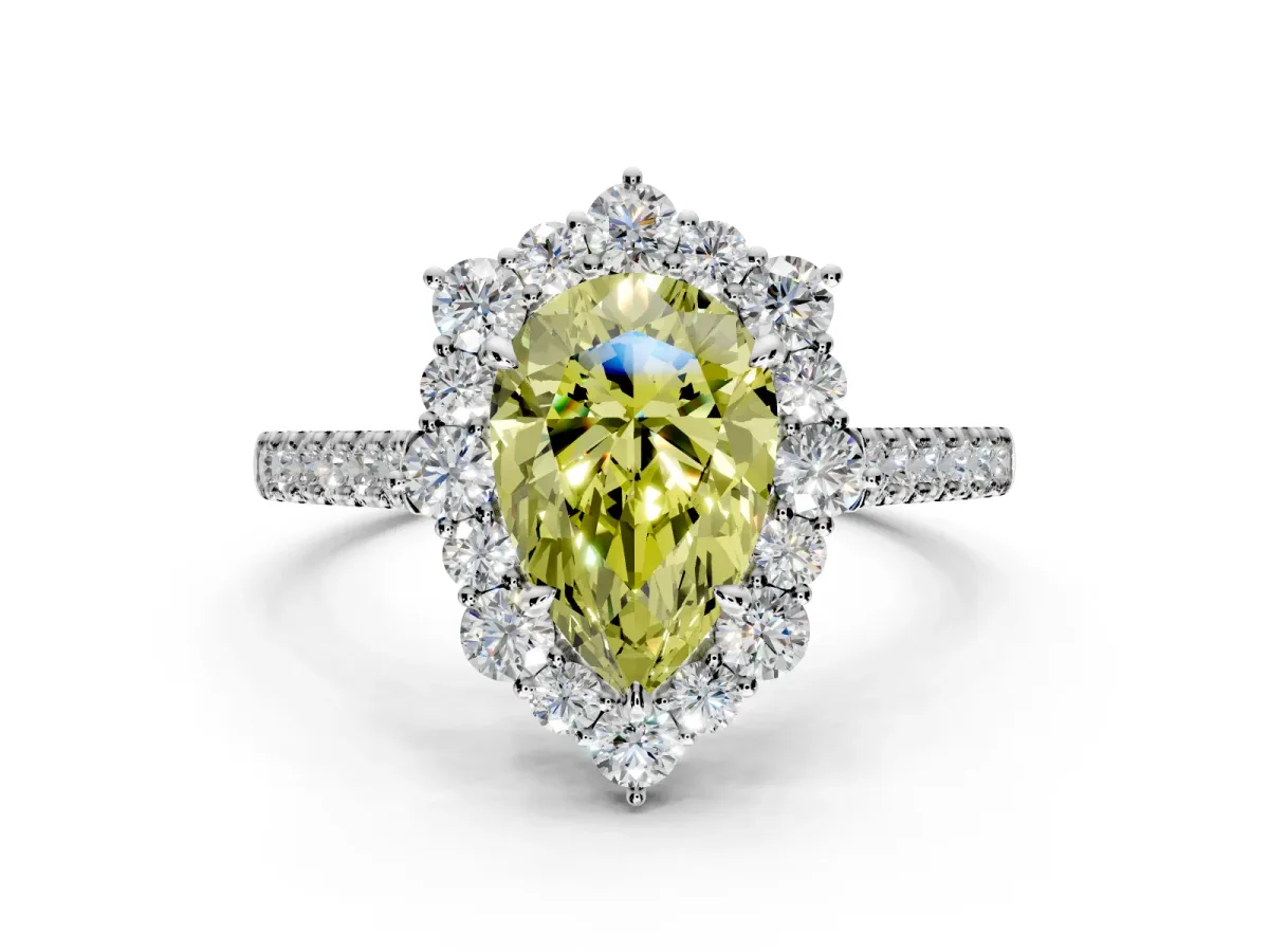 Halo Engagement Ring Setting for Fancy Yellow Pear-Shaped Center with Single-Row Pave, Open Basket and Prong Head in Platinum
