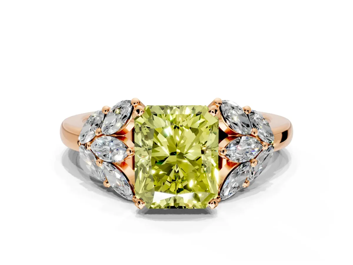 Leaf Cluster Engagement Ring Setting for Fancy Yellow Radiant Cut Center with Marquise Accents and Prong Head in Rose Gold