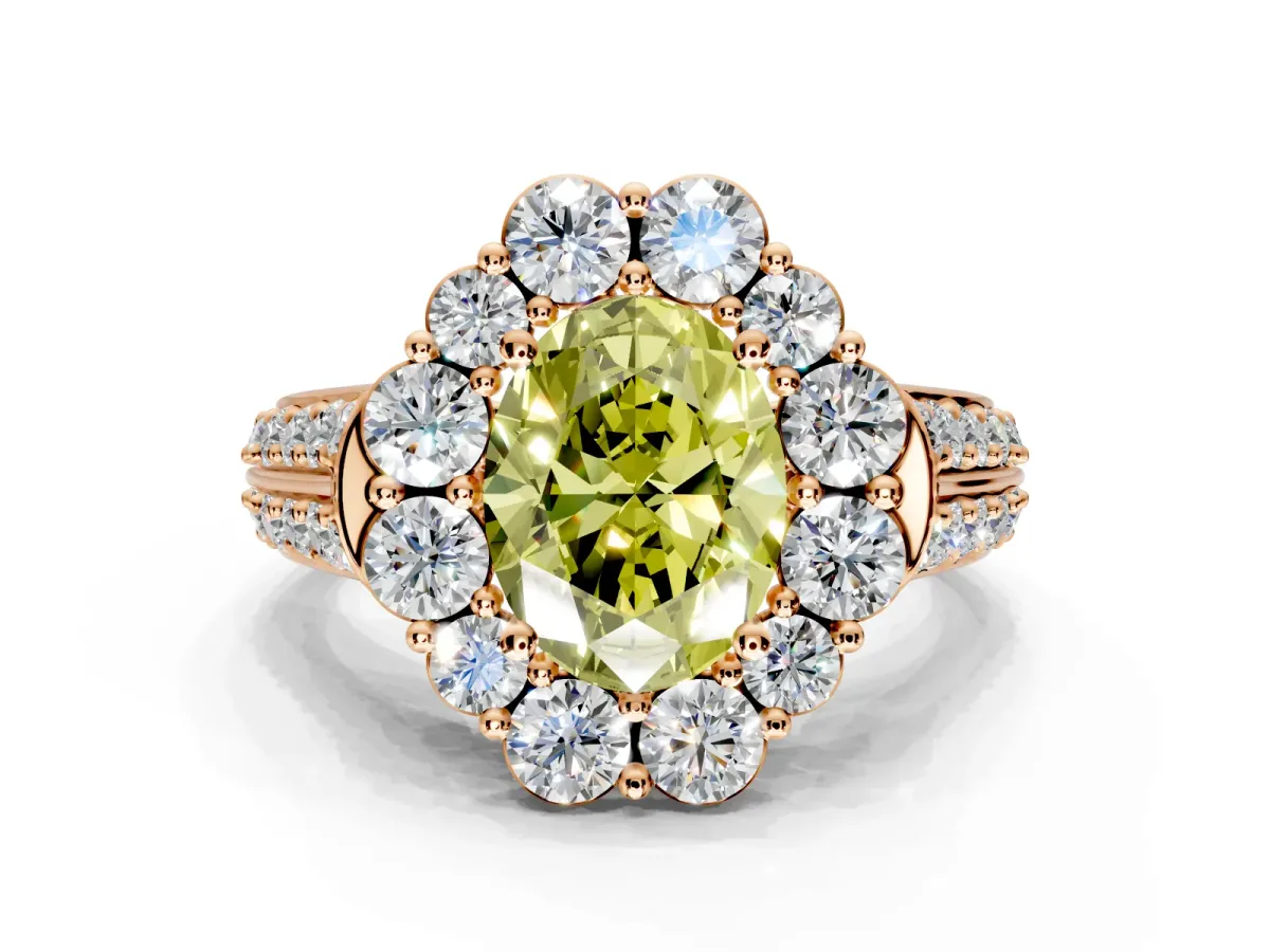 Large Accent Halo Engagement Ring Setting for Fancy Yellow Oval Center with Pave Split Shank and Prong Head in Rose Gold