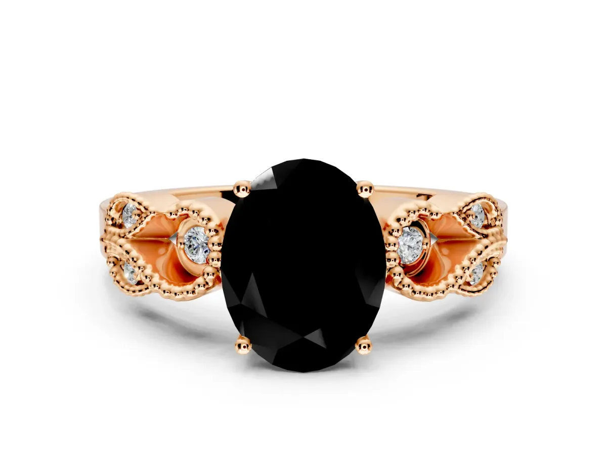 Leaf Engagement Ring Setting for Fancy Black Oval Center with Milgrain Accent Band and Prong Head in Rose Gold