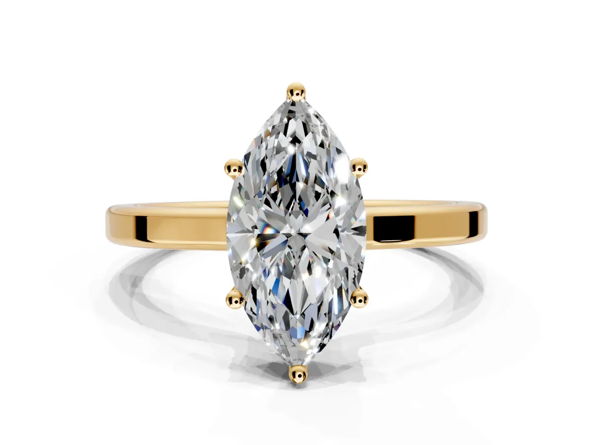 Hidden Halo Engagement Ring Setting for Marquise Center with Wide Flat Plain Band and Prong Head in Yellow Gold