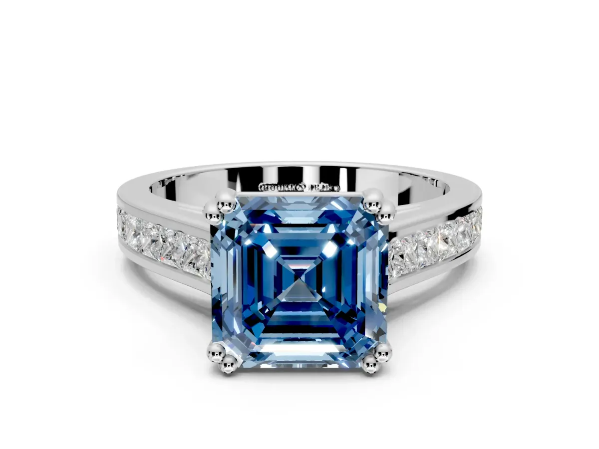 Solitaire Engagement Ring Setting for Fancy Blue Asscher Cut Center with Channel Band and Double Claw Prong Head in Platinum