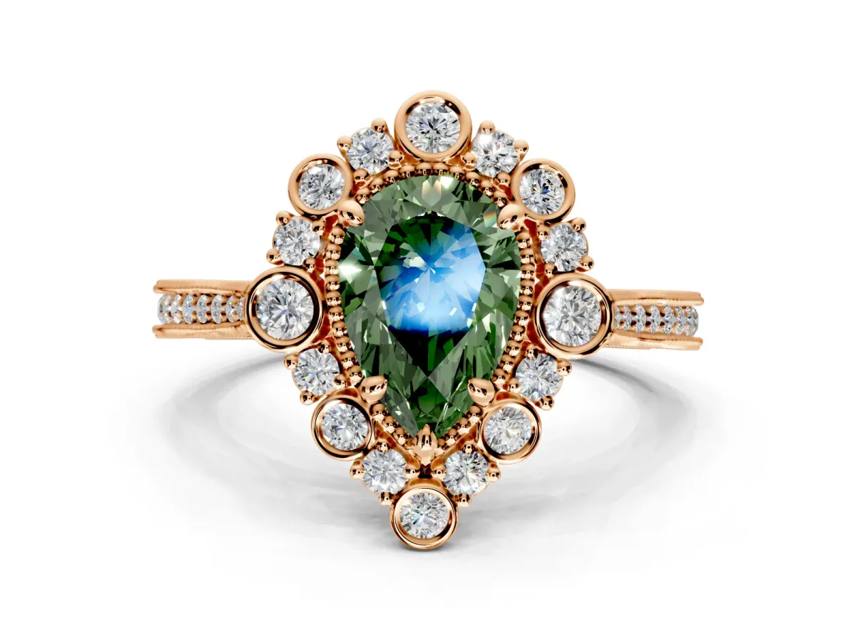Milgrain Halo Engagement Ring Setting for Fancy Green Pear-Shaped Center with Bezel Point Accents and Prong Head in Rose Gold