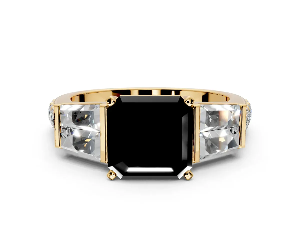 Channel-Set Engagement Ring Setting for Fancy Black Asscher Cut Center with Baguette Band and Prong Head in Yellow Gold