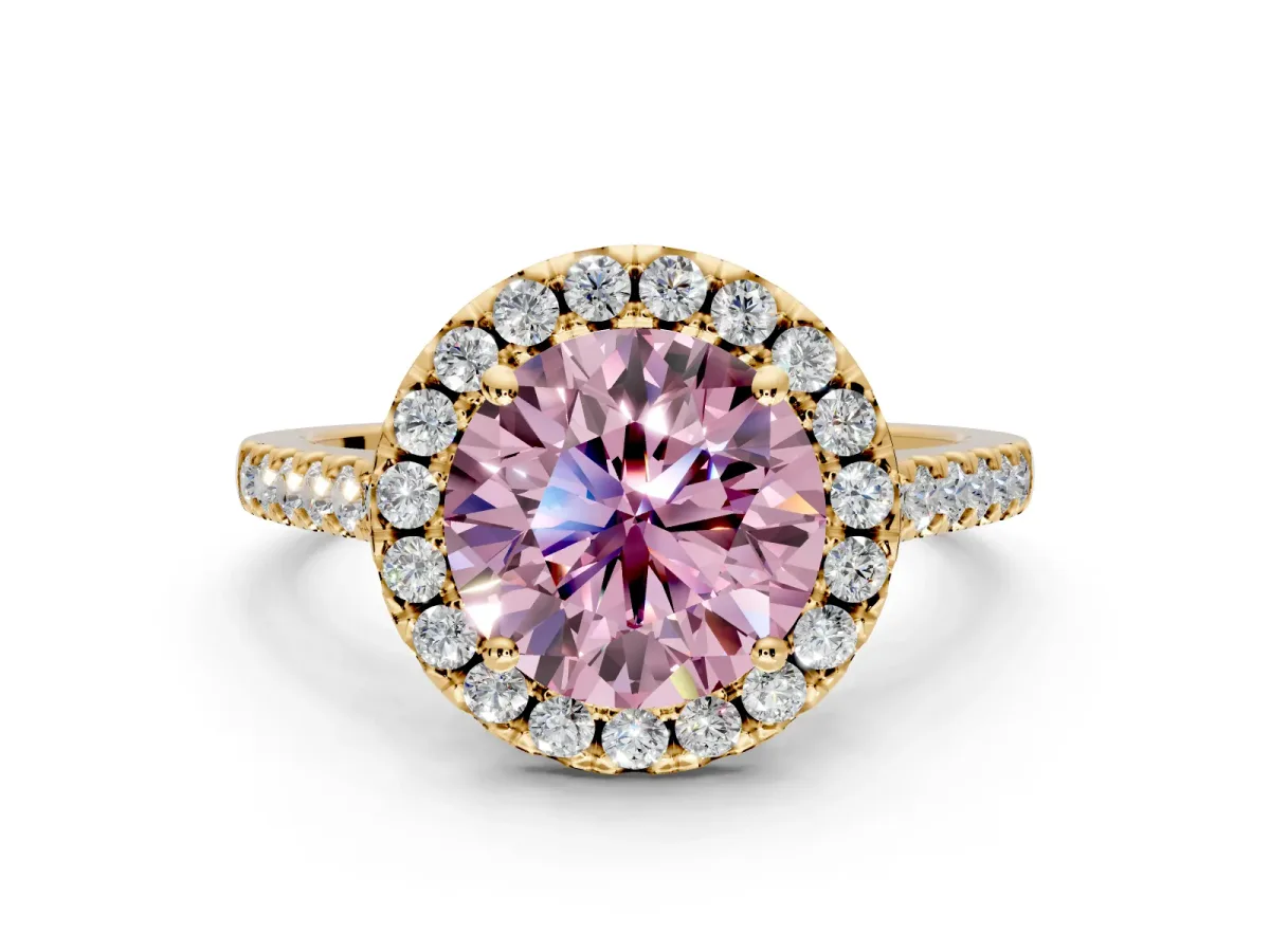 Halo Engagement Ring Setting for Fancy Pink Round Cut Center with Raised Halo, Pave Band and Prong Head in Yellow Gold
