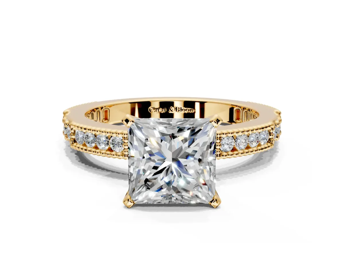 Solitaire Engagement Ring Setting for Princess Cut Center with Milgrain-Edged Pave Band and Prong Head in Yellow Gold