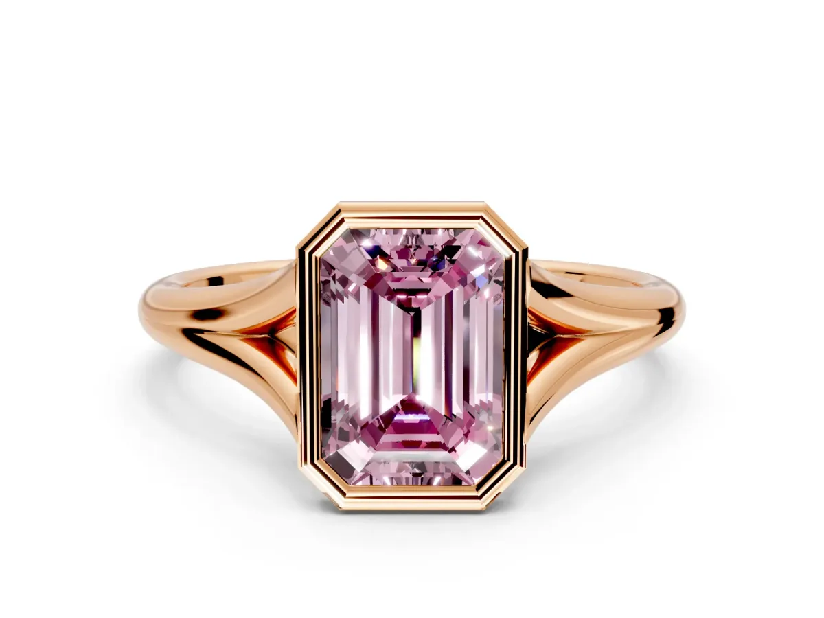 Solitaire Engagement Ring Setting for Fancy Pink Emerald Cut Center with V Split Shank and Bezel Head in Rose Gold
