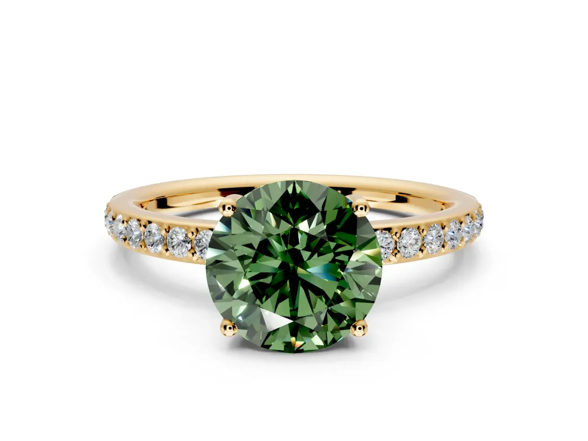 Solitaire Engagement Ring Setting for Fancy Green Round Cut Center with Fine Pave Band and Prong Head in Yellow Gold