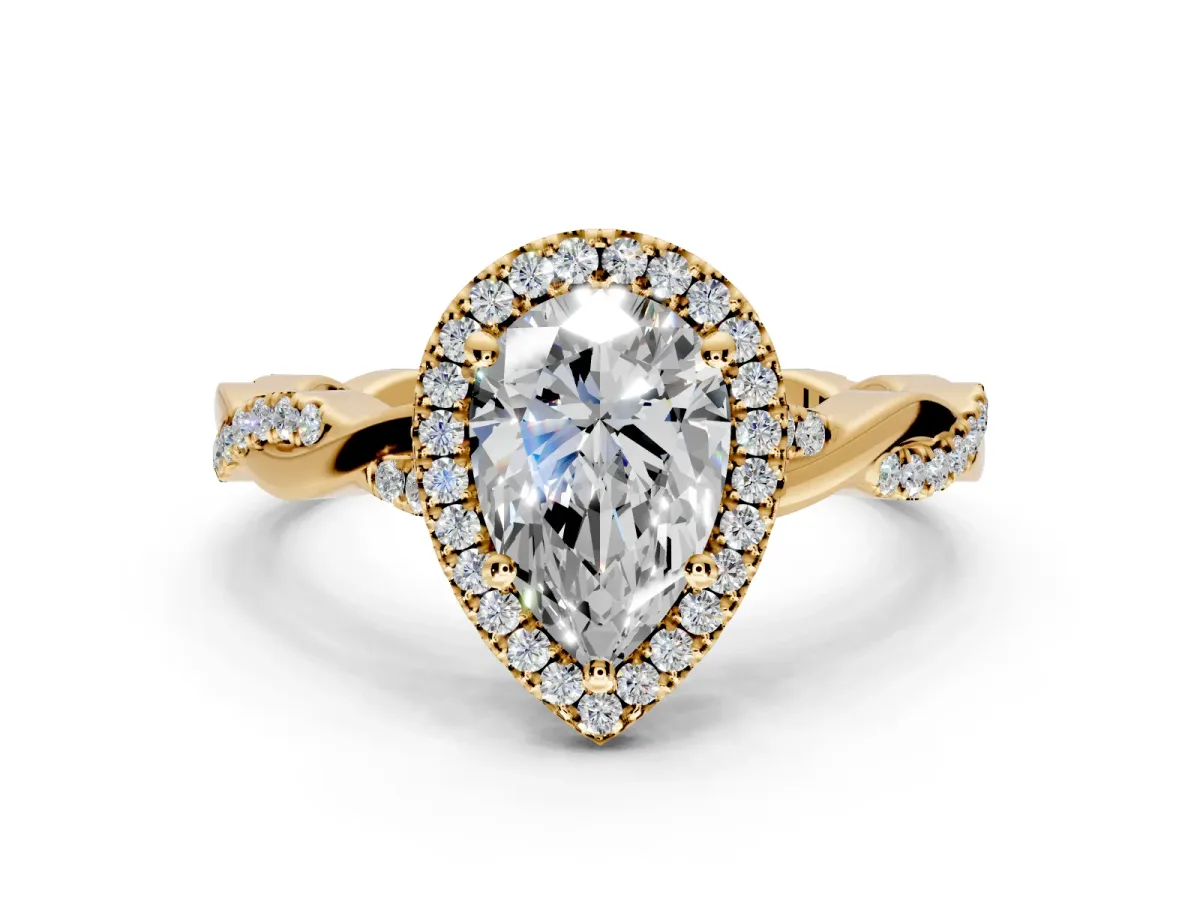 Halo Engagement Ring Setting for Pear-Shaped Center with Pave and Plain Twist Band and Prong Head in Yellow Gold