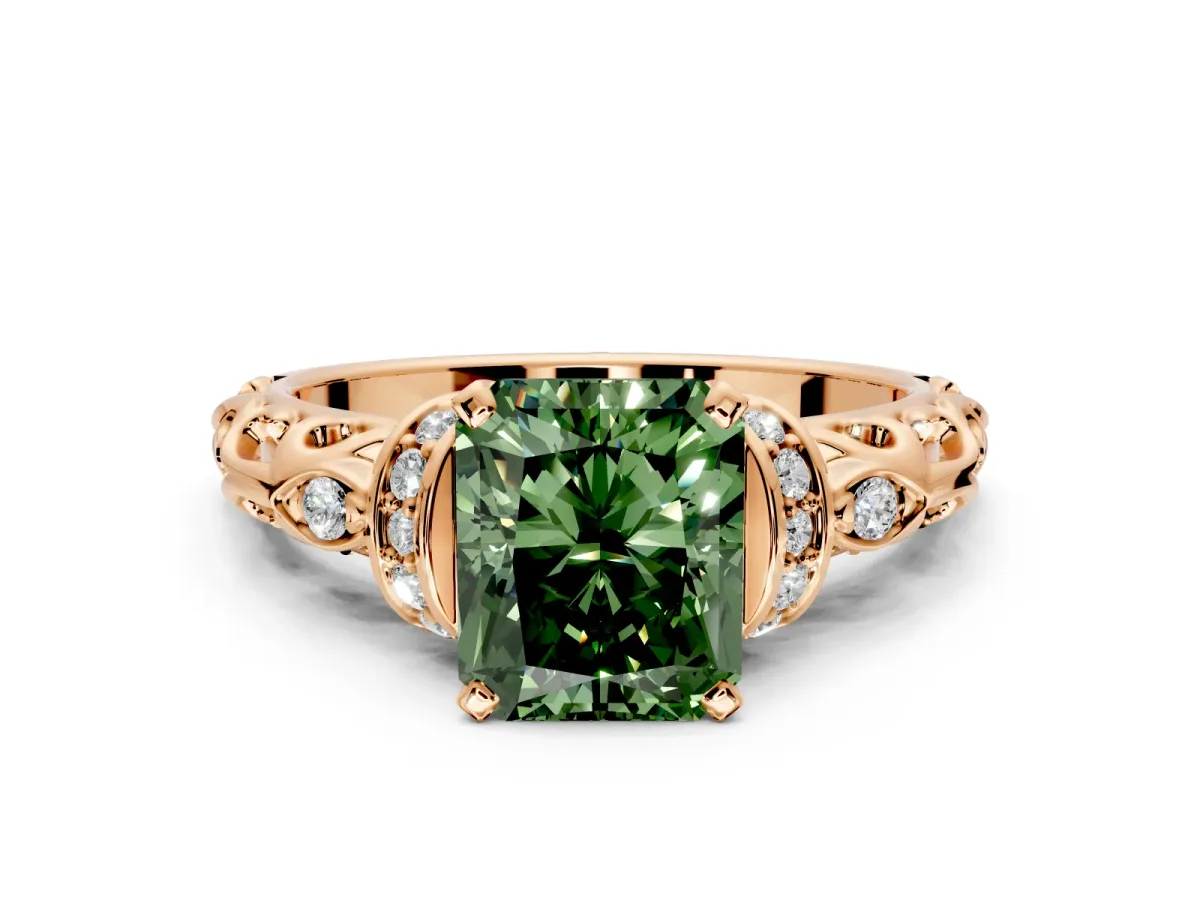 Solitaire Engagement Ring Setting for Fancy Green Radiant Cut Center with Filigree Band and Prong Head in Rose Gold