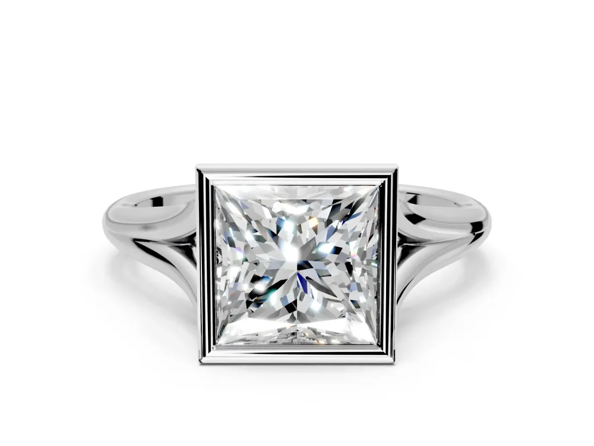 Solitaire Engagement Ring Setting for Princess Cut Center with V Split Shank and Bezel Head in Platinum