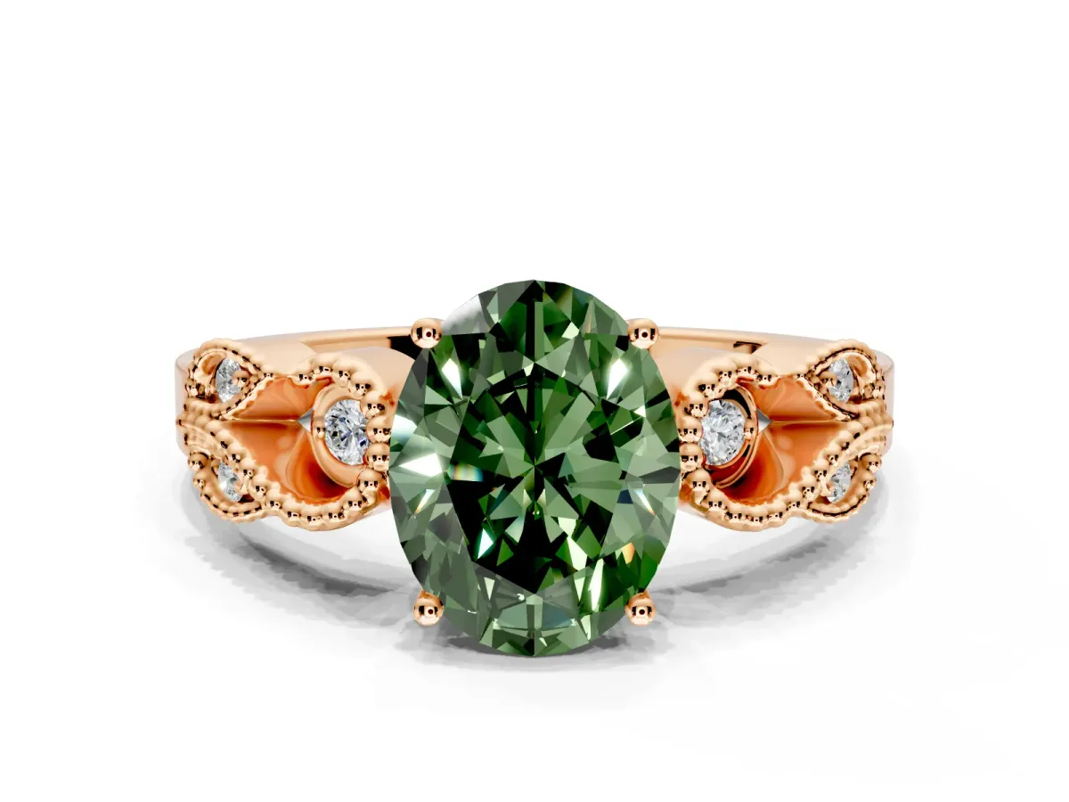 Leaf Engagement Ring Setting for Fancy Green Oval Center with Milgrain Accent Band and Prong Head in Rose Gold