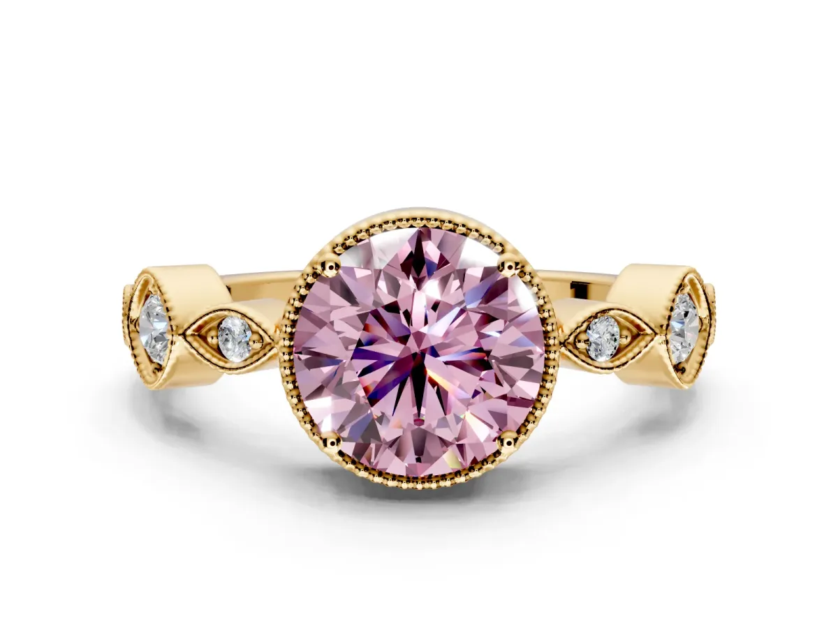 Vintage Station Engagement Ring Setting for Fancy Pink Round Cut Center with Accents and Prong Head in Yellow Gold