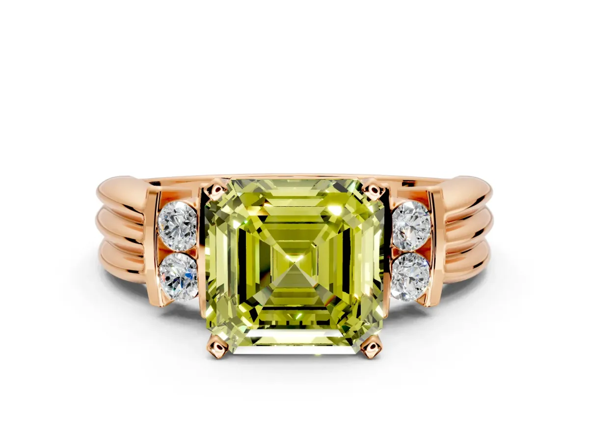 Solitaire Engagement Ring Setting for Fancy Yellow Asscher Cut Center with Grooved Bar Accent Band and Prong Head in Rose Gold