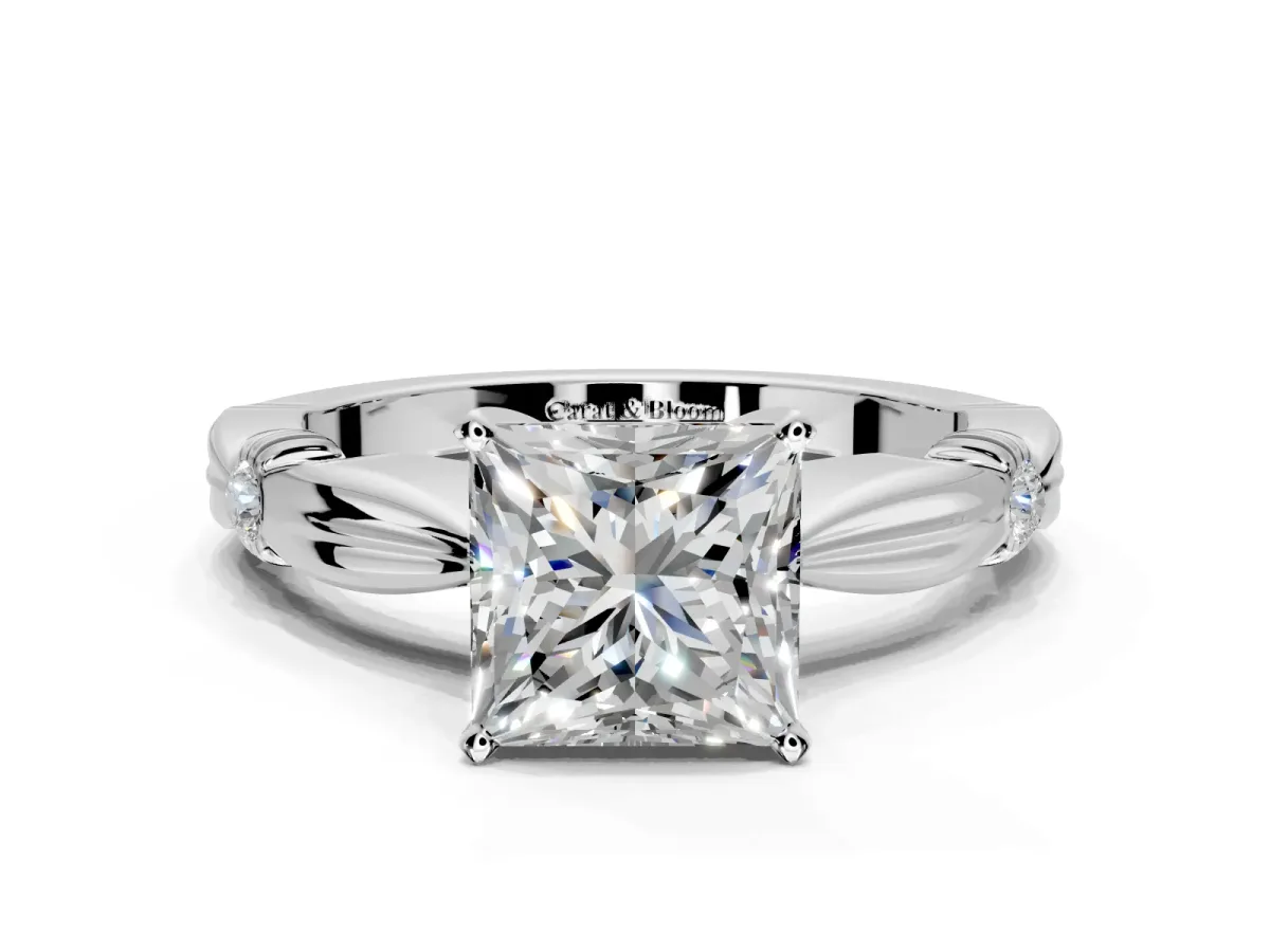 Solitaire Engagement Ring Setting for Princess Cut Center with Carved Leaf Shoulders and Prong Head in Sterling Silver
