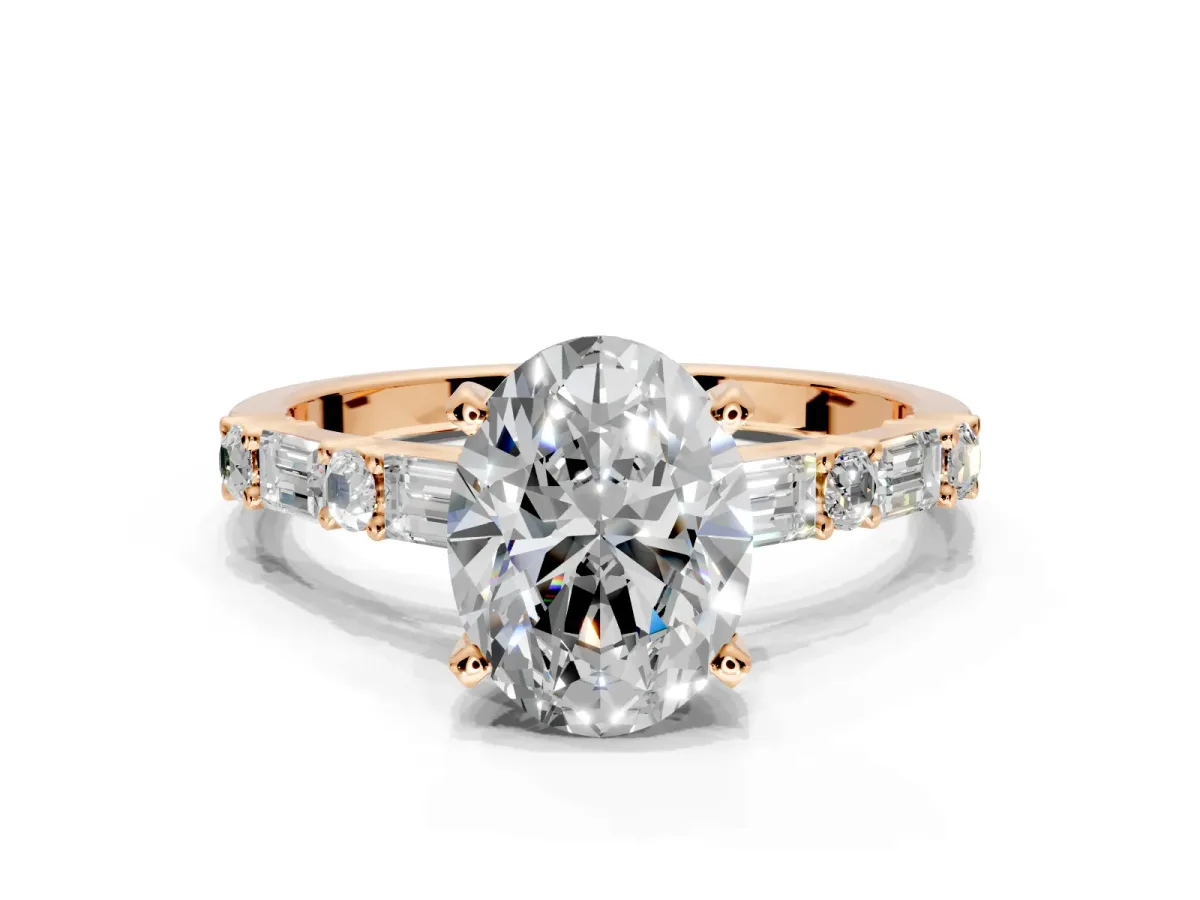 Baguette Engagement Ring Setting for Oval Center with Alternating Bar-Set Band and Prong Head in Rose Gold