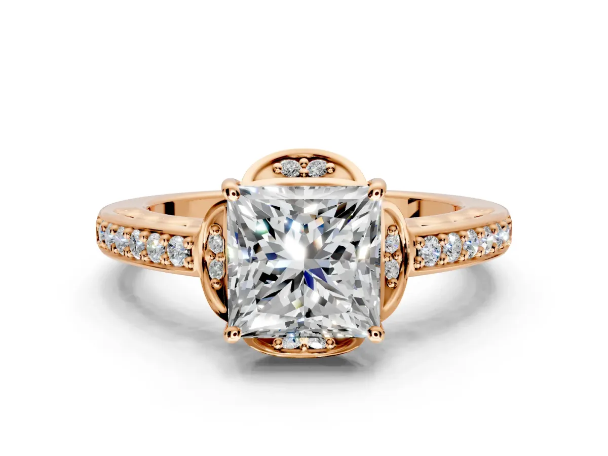 Floral Engagement Ring Setting for Princess Cut Center with Four Accent Clusters and Prong Head in Rose Gold