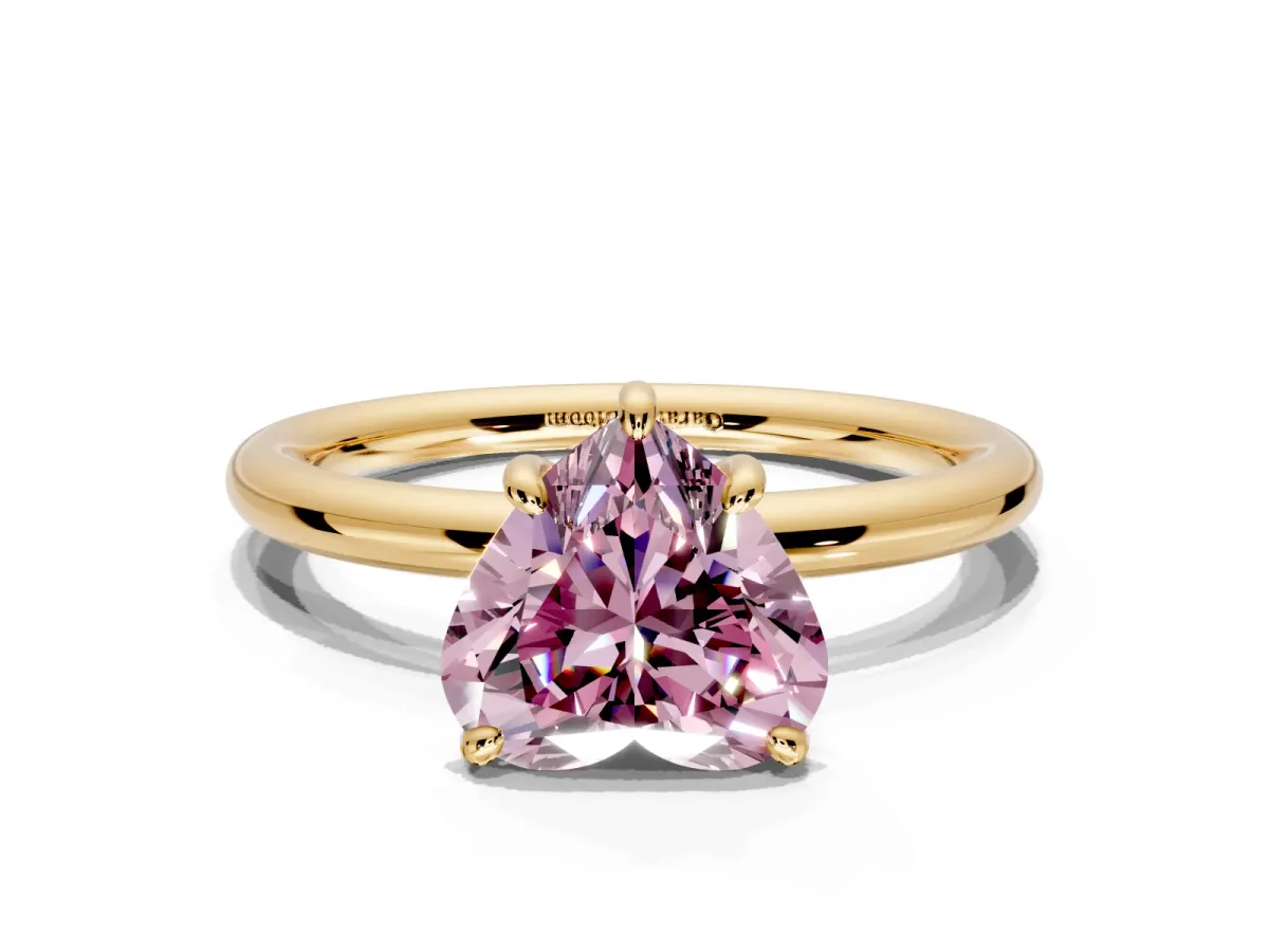 Low-Set Solitaire Engagement Ring Setting for Fancy Pink Heart-Shaped Center with Thin Plain Band and Prong Head in Yellow Gold