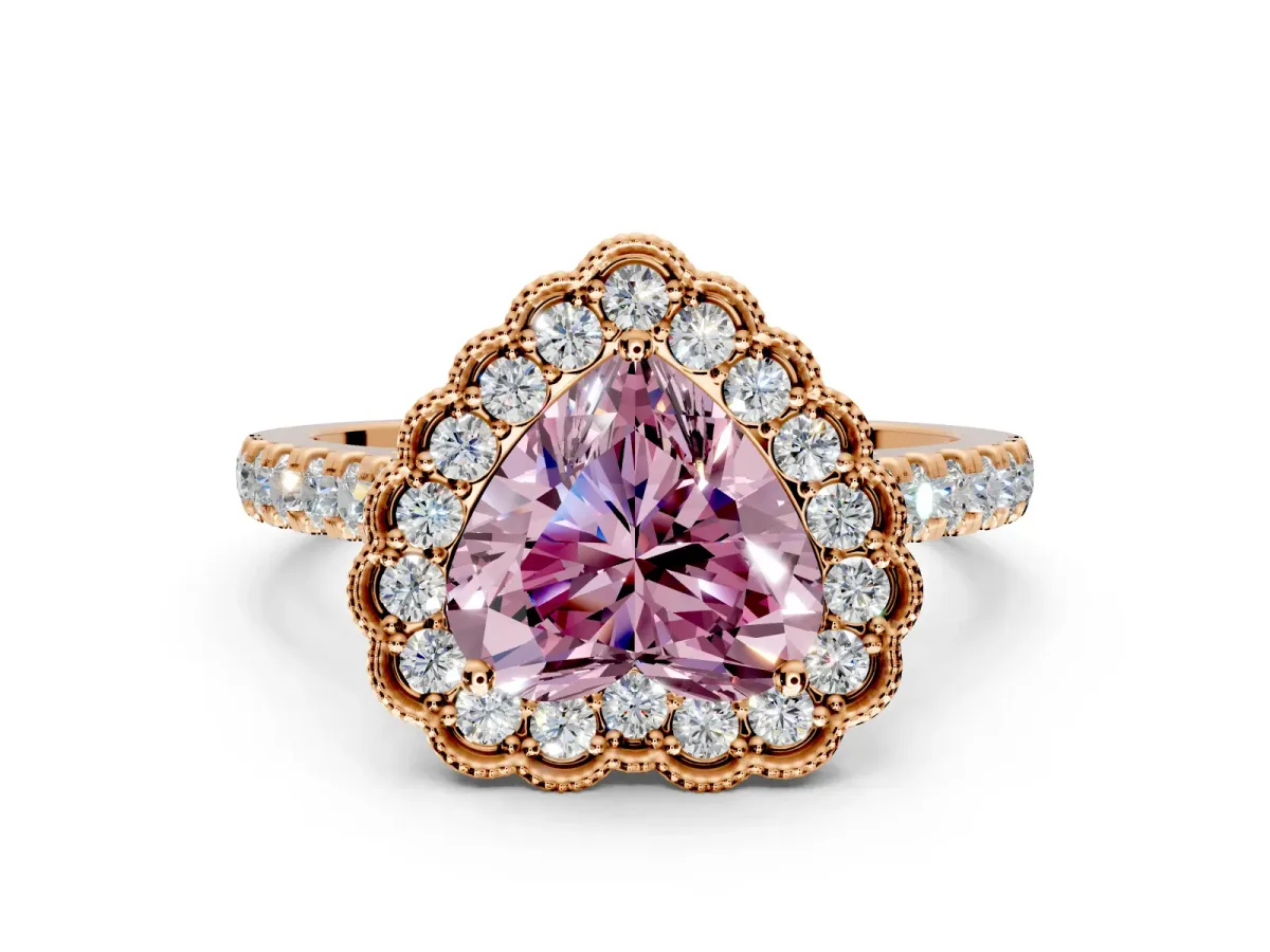 Milgrain Floral Halo Engagement Ring Setting for Fancy Pink Heart-Shaped Center with Pave Band and Prong Head in Rose Gold