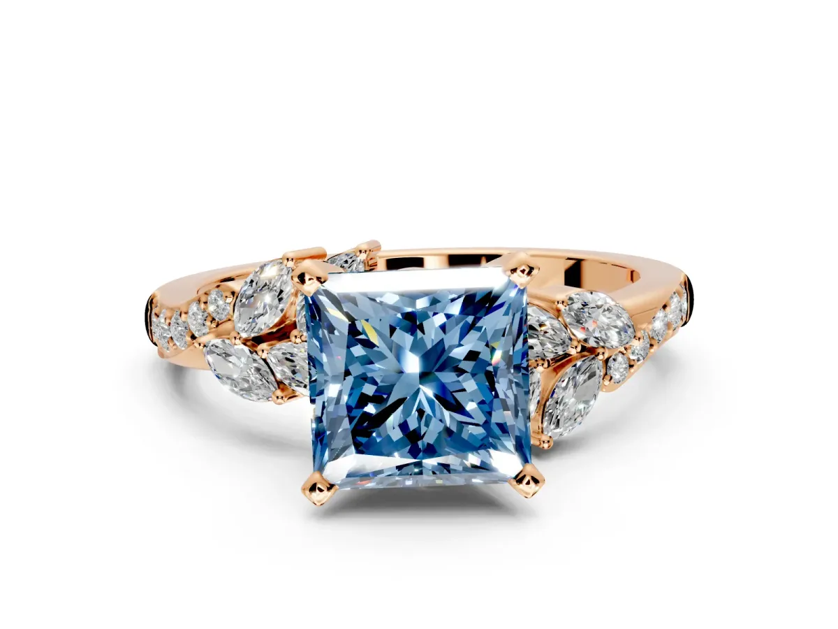 Solitaire Engagement Ring Setting for Fancy Blue Princess Cut Center with Marquise Accent Twist Band and Prong Head in Rose Gold