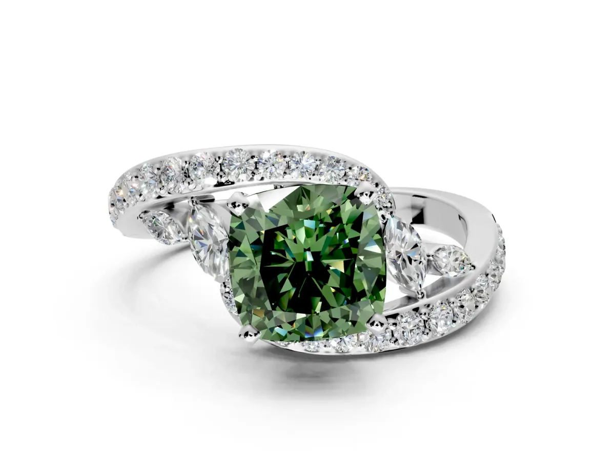 Solitaire Engagement Ring Setting for Fancy Green Cushion Cut Center with Filigree Band and Prong Head in White Gold