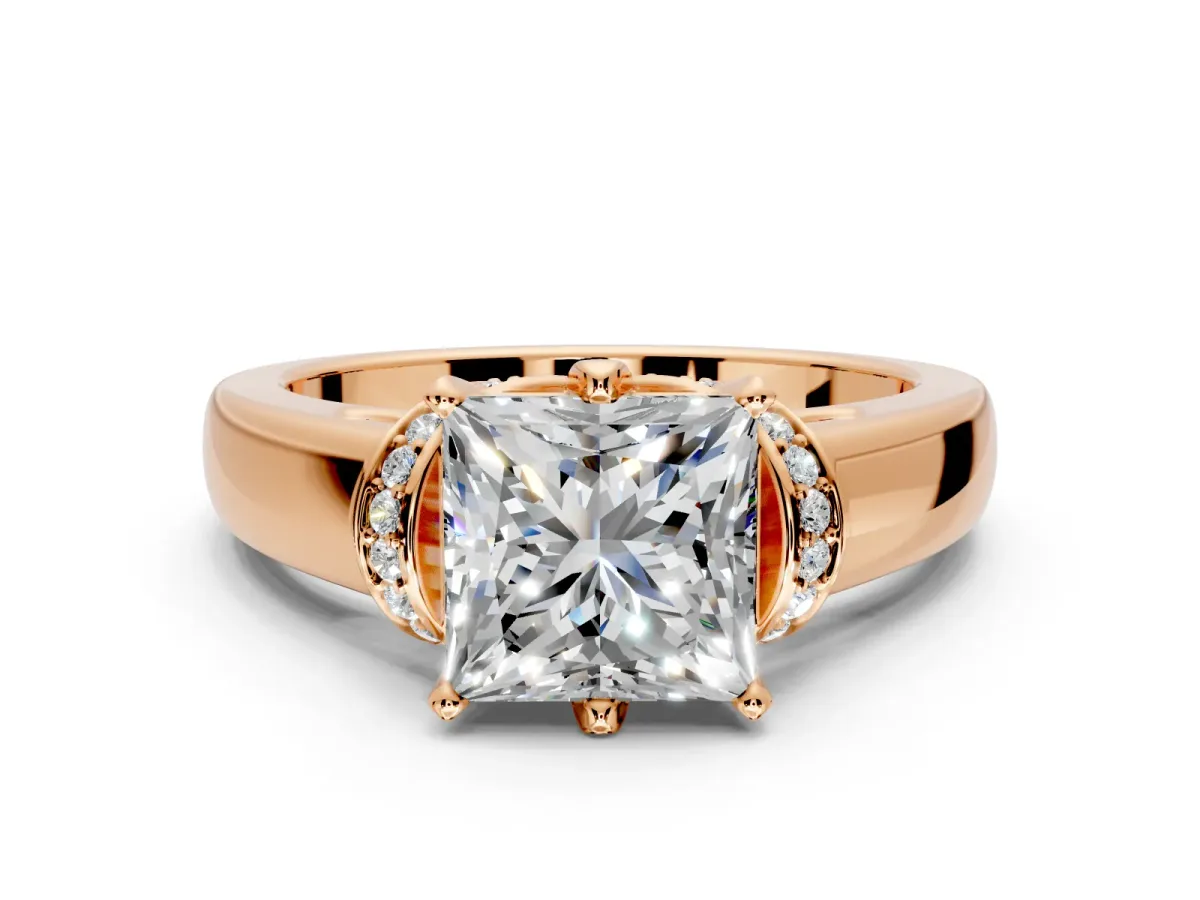 Solitaire Engagement Ring Setting for Princess Cut Center with Wide Band, Pave Collar and Prong Head in Rose Gold