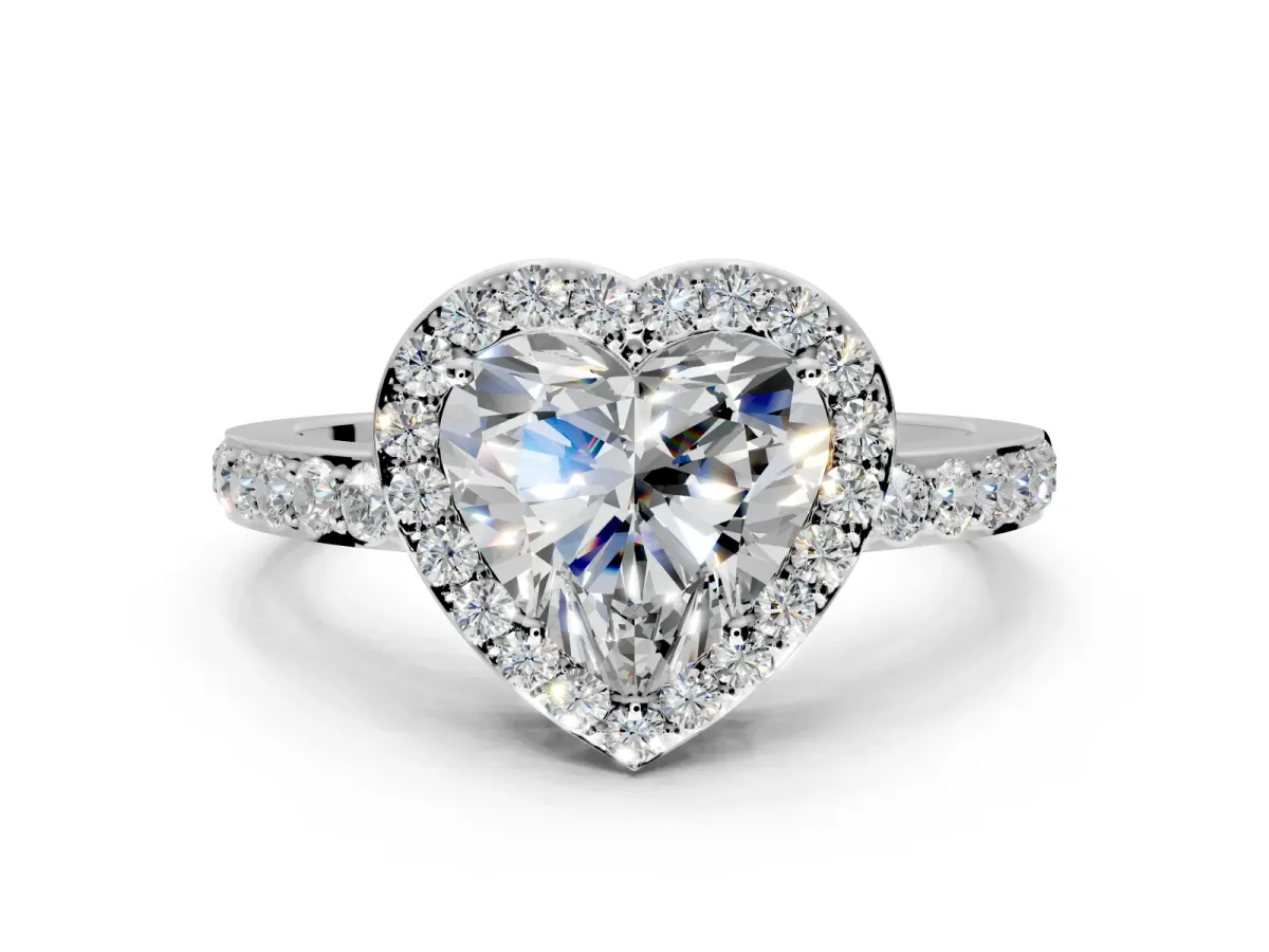 Halo Engagement Ring Setting for Heart-Shaped Center with Heart-Shaped Openwork, Pave Band and Prong Head in Platinum