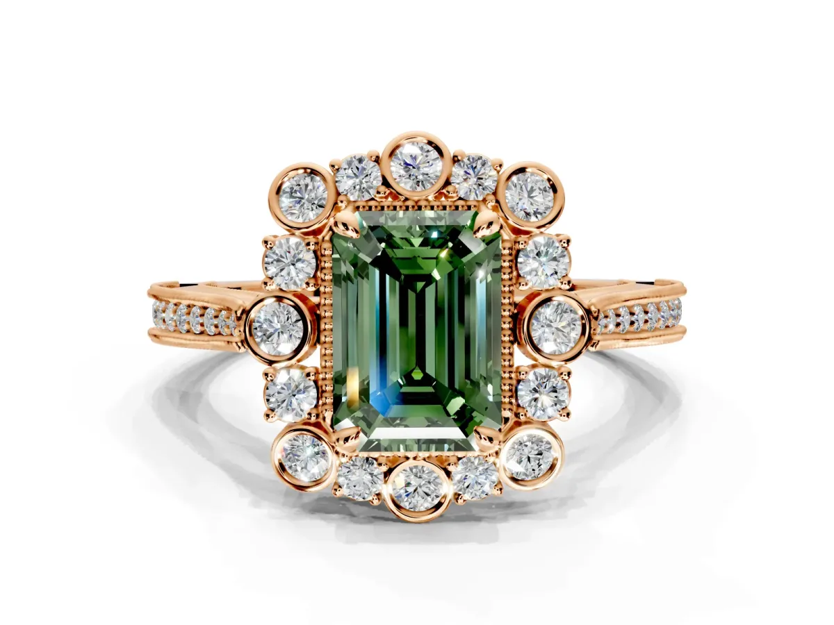 Milgrain Halo Engagement Ring Setting for Fancy Green Emerald Cut Center with Bezel Point Accents and Prong Head in Rose Gold