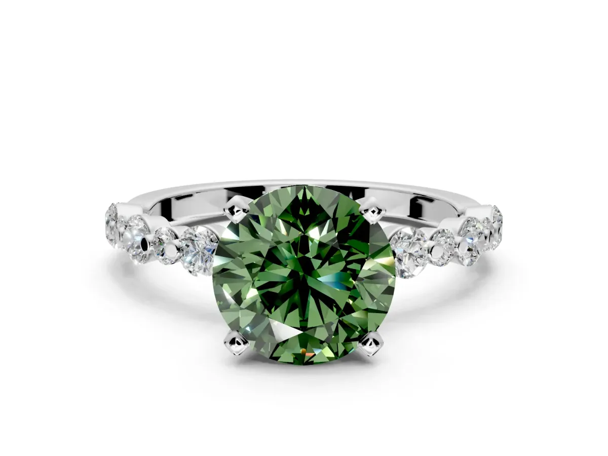 Solitaire Engagement Ring Setting for Fancy Green Round Cut Center with Alternating Size Accents and Prong Head in White Gold