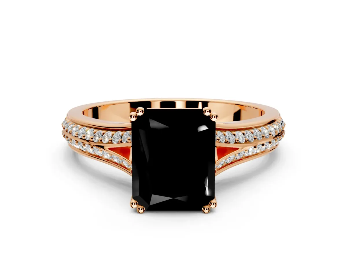 Solitaire Engagement Ring Setting for Fancy Black Radiant Cut Center with Pave Rail Split Shank and Prong Head in Rose Gold