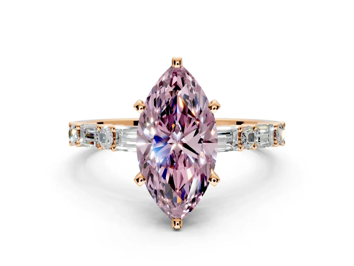 Baguette Engagement Ring Setting for Fancy Pink Marquise Center with Alternating Bar-Set Band and Prong Head in Rose Gold
