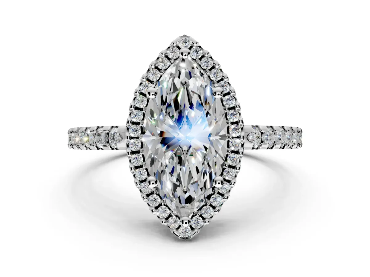 Accent Halo Engagement Ring Setting for Marquise Center with Full-Length Pave Band and Prong Head in Platinum