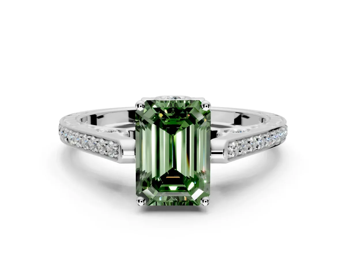 Cathedral Engagement Ring Setting for Fancy Green Emerald Cut Center with Antique-Style Pave Band and Prong Head in White Gold