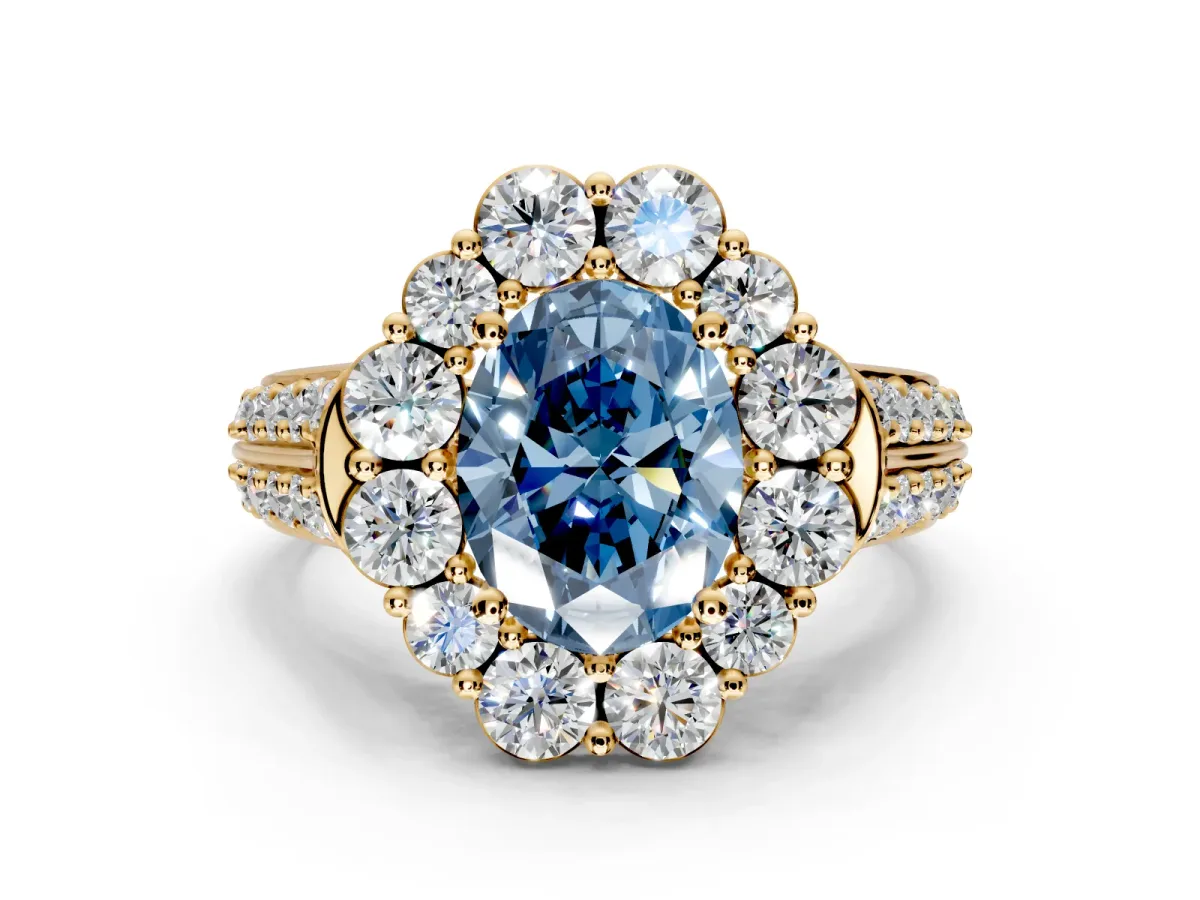 Large Accent Halo Engagement Ring Setting for Fancy Blue Oval Center with Pave Split Shank and Prong Head in Yellow Gold