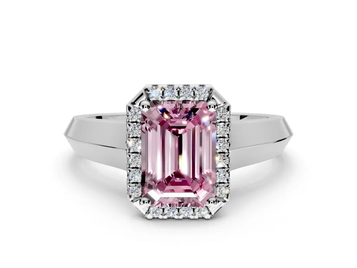Halo Engagement Ring Setting for Fancy Pink Emerald Cut Center with Knife Ridge Cathedral Band and Prong Head in Sterling Silver