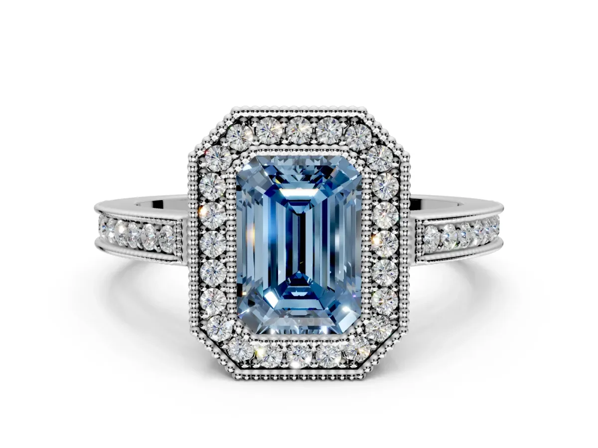 Halo Engagement Ring Setting for Fancy Blue Emerald Cut Center with Milgrain Halo, Pave Band and Prong Head in Sterling Silver