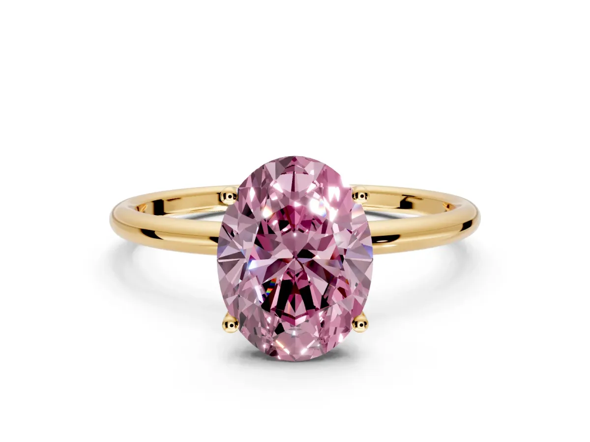 Solitaire Engagement Ring Setting for Fancy Pink Oval Center with Straight Thin Band and Prong Head in Yellow Gold