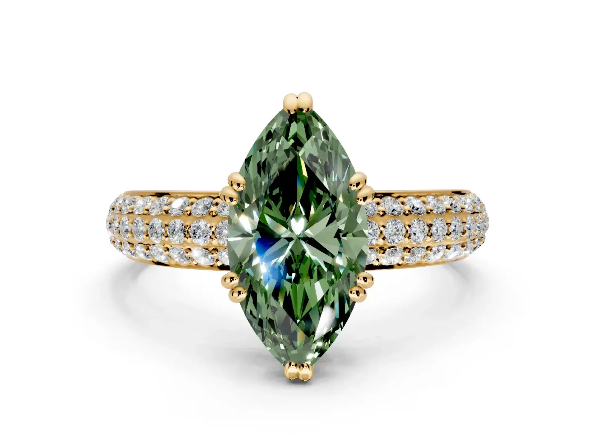 Solitaire Engagement Ring Setting for Fancy Green Marquise Center with Multi-Row Pave Accents and Basket Head in Yellow Gold
