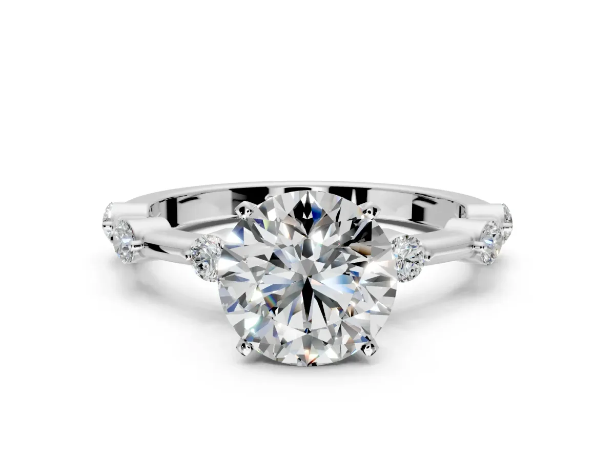 Solitaire Engagement Ring Setting for Round Cut Center with Bezel Station Band and Prong Head in Sterling Silver