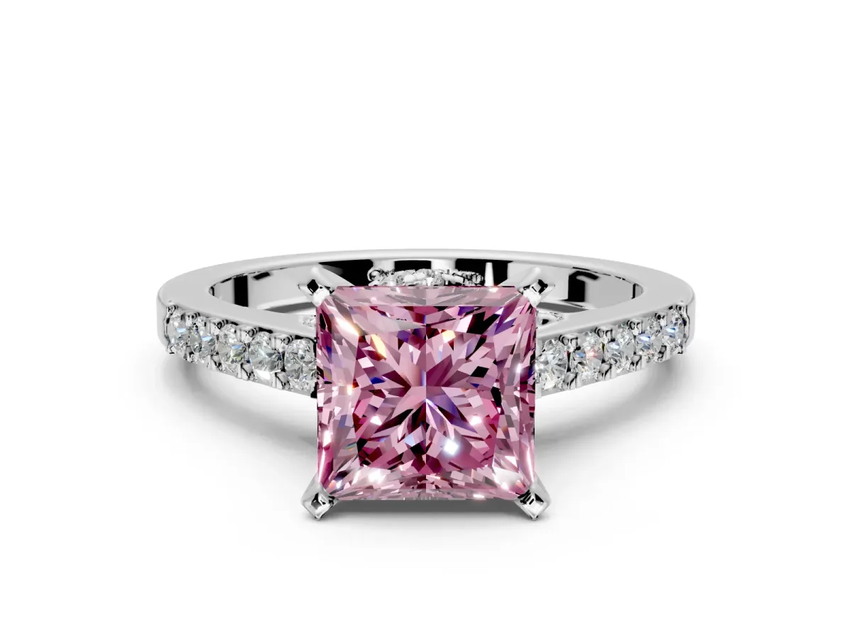 Solitaire Engagement Ring Setting for Fancy Pink Princess Cut Center with Crossover Accents and Prong Head in White Gold