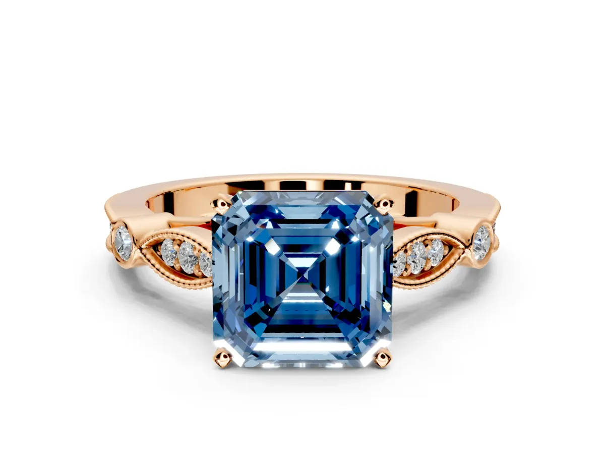 Solitaire Engagement Ring Setting for Fancy Blue Asscher Cut Center with Marquise and Bezel Accents and Prong Head in Rose Gold