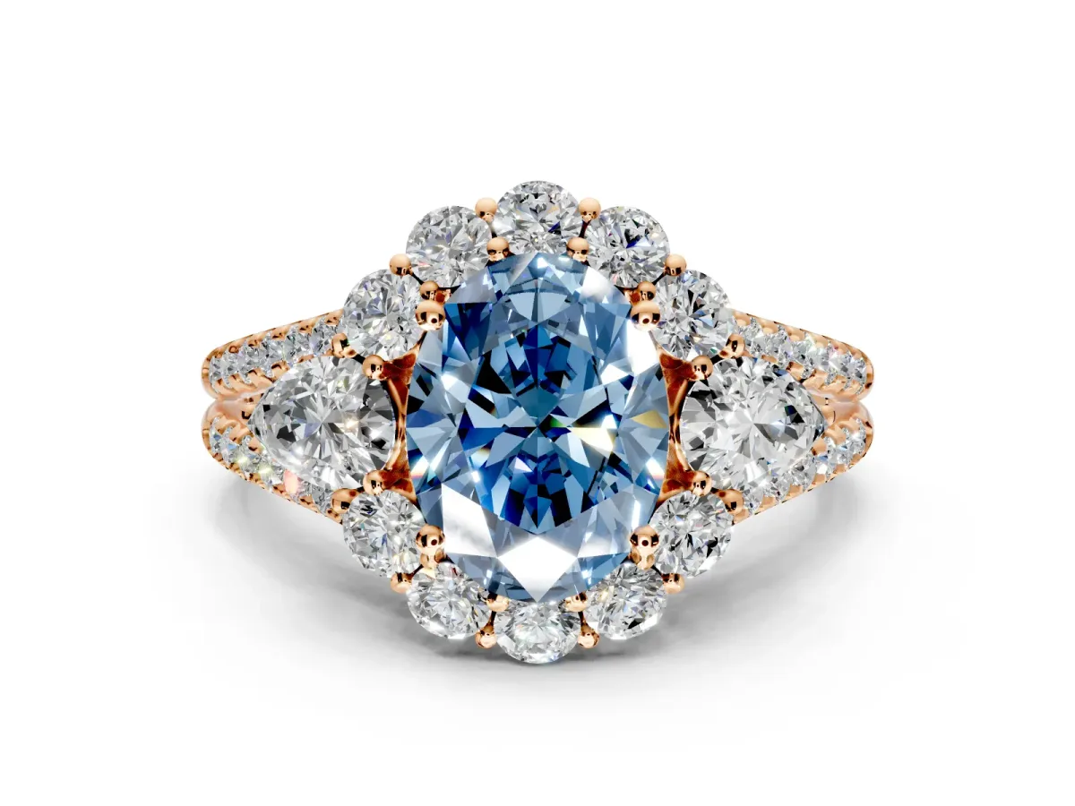 Halo Engagement Ring Setting for Fancy Blue Oval Center with Two-Strand Split Shank and Prong Head in Rose Gold