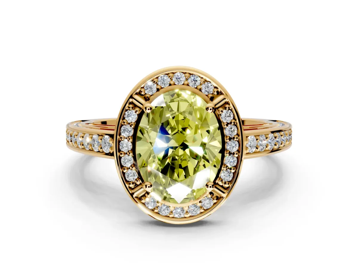 Halo Engagement Ring Setting for Fancy Yellow Oval Center with Framed Halo, Pave Band and Prong Head in Yellow Gold