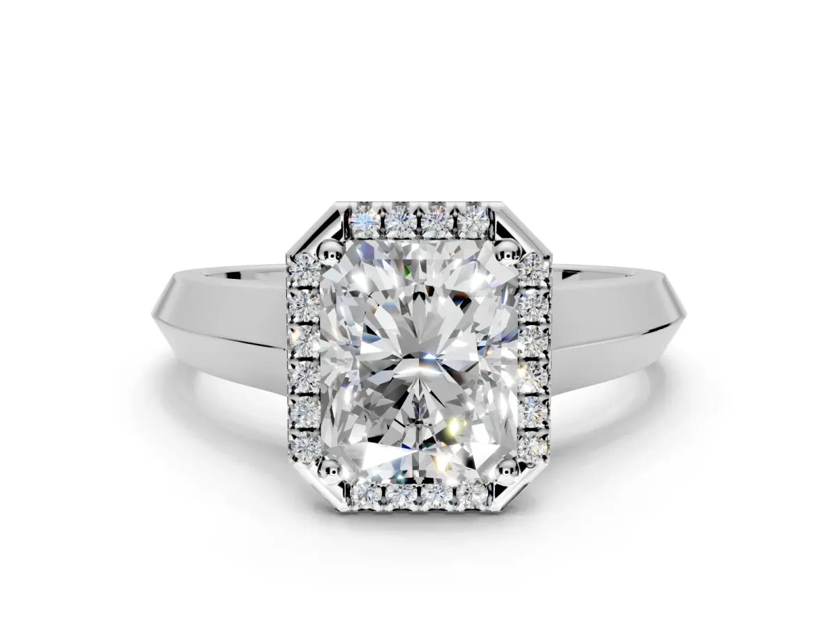 Halo Engagement Ring Setting for Radiant Cut Center with Knife Ridge Cathedral Band and Prong Head in Platinum