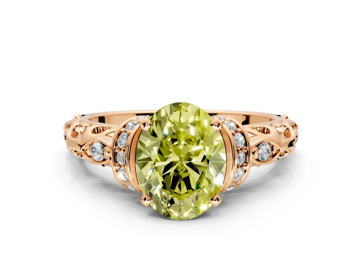 Solitaire Engagement Ring Setting for Fancy Yellow Oval Center with Filigree Band and Prong Head in Rose Gold