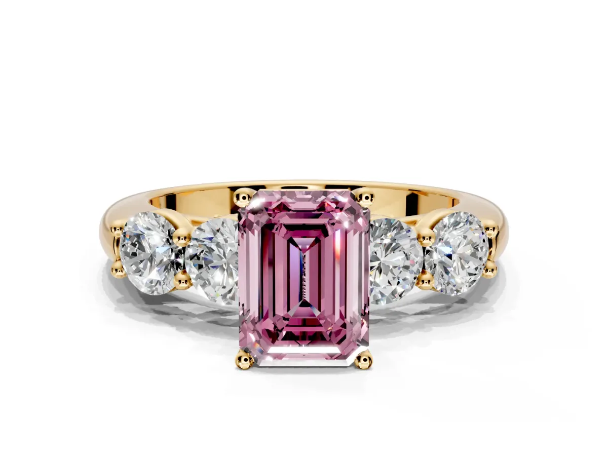 5 Stone Engagement Ring Setting for Fancy Pink Emerald Cut Center with Graduated Accents and Prong Head in Yellow Gold